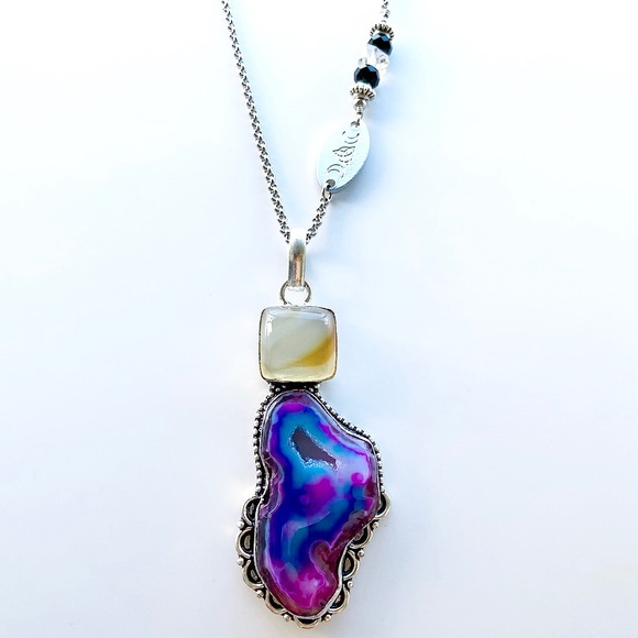 925 Sterling silver purple pink agate necklace - Picture 5 of 9